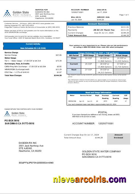 Editable USA California Golden State Water Company Business Utility Bill Template In Word And PDF Formats
