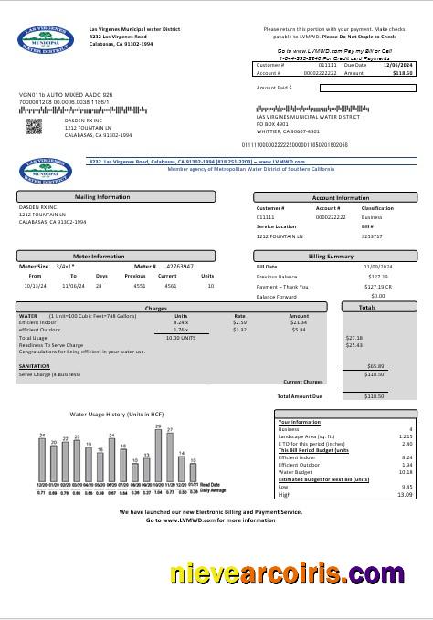 Professional USA California Las Virgenes Municipal Water District Business Utility Bill Template In Word And PDF Formats