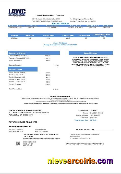 Premium USA California Lincoln Avenue Water Company Business Utility Bill Template In Word And PDF Formats