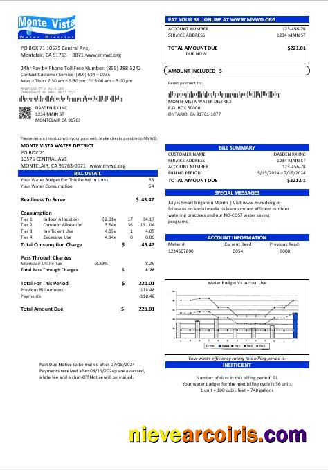 Editable USA California Monte Vista Water District Business Utility Bill Template In Word And PDF Formats