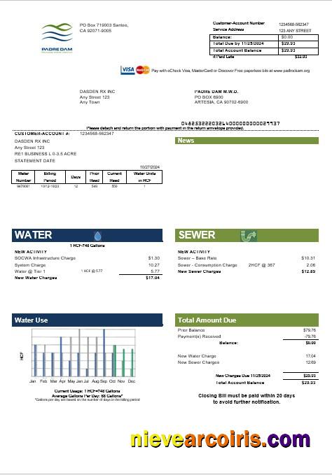 Professional USA California Padredam Business Utility Bill Template In Word And PDF Formats