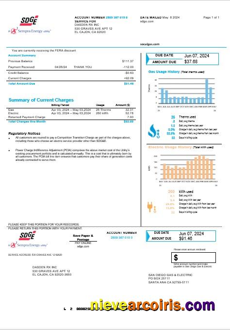 Professional USA California San Diego Gas & Electric (SDG&E) Business Utility Bill Template In Word And PDF Formats