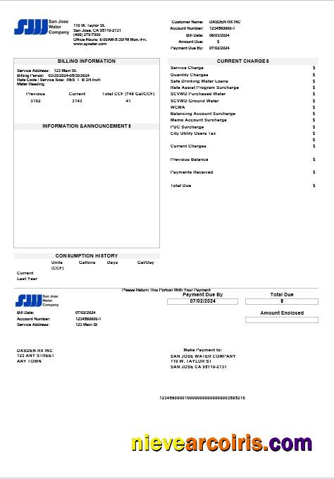 Professional USA California San Jose Water Business Utility Bill Template In Word And PDF Formats