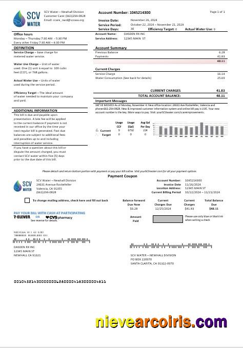 Realistic USA California Santa Clarita SCV Water Business Utility Bill Template In Word And PDF Formats