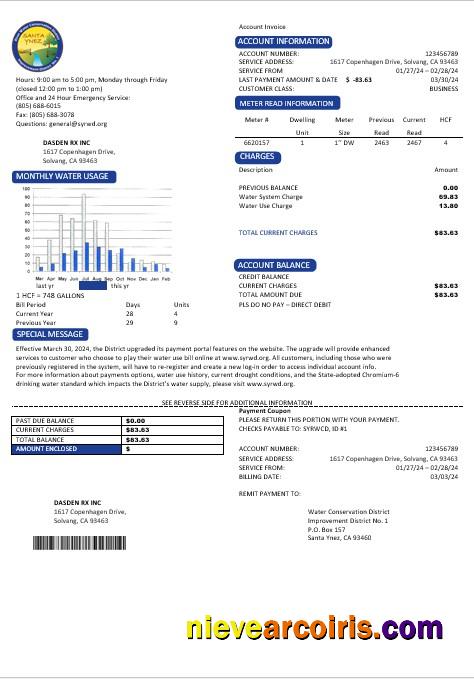 Editable USA California Santa Ynez Water Business Utility Bill Template In Word And PDF Formats