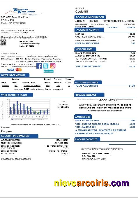 Professional USA California West Valley Water District Business Utility Bill Template In Word And PDF Formats