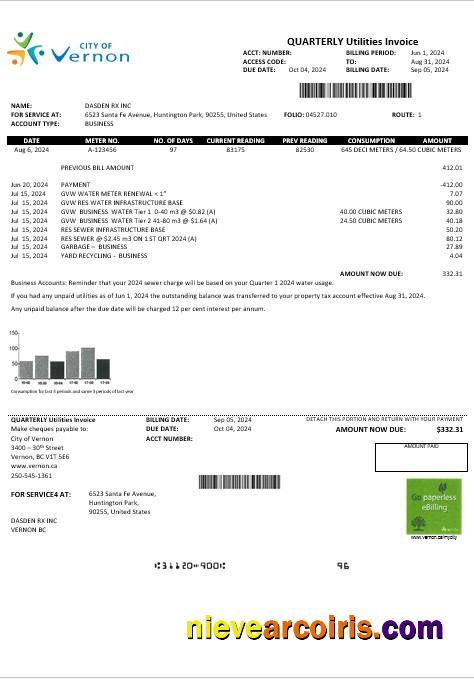 Professional USA Canada City Of Vernon Water Business Utility Bill Template In Word And PDF Formats