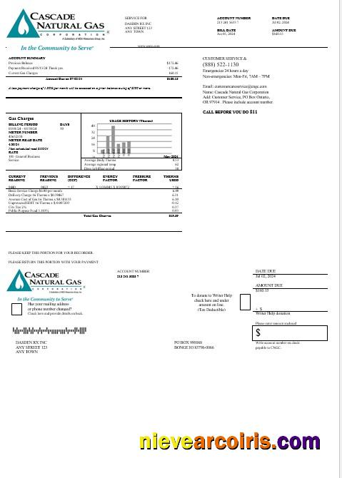 Realistic USA Cascade Natural Gas Business Utility Bill, Word And PDF Template