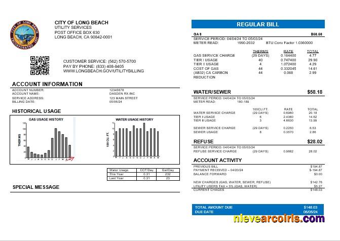 Professional USA City Of Long Beach Business Utility Bill Template In Word And PDF Formats