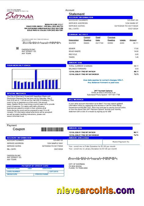 Professional USA City Of Sherman Business Utility Bill Template In Word And PDF Formats