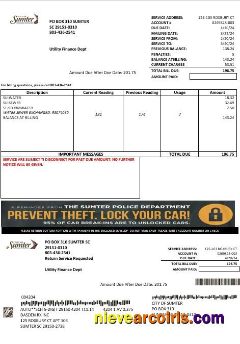 Premium USA City Of Sumter South Carolina Water Business Utility Bill Template In Word And PDF Formats
