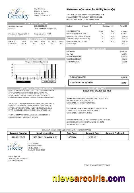 Realistic USA Colorado City Of Greeley Water Business Utility Bill Template In Word And PDF Formats