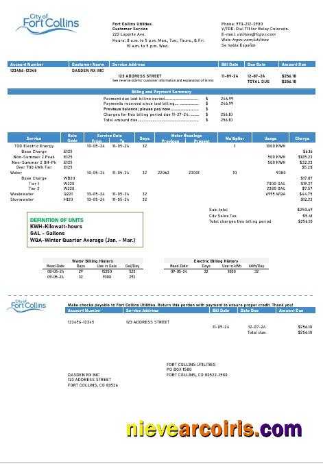Professional USA Colorado Fort Collins Utilities Business Utility Bill Template In Word And PDF Formats
