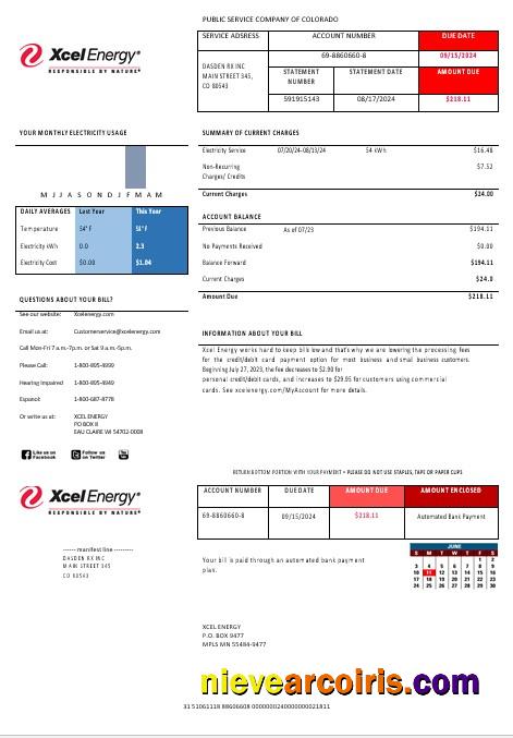 Realistic USA Colorado XcelEnergy Electricity Business Utility Bill Template In Word And PDF Formats, Version 3