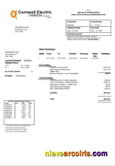Editable USA Cornwall Electric Business Utility Bill Template In Word And PDF Formats