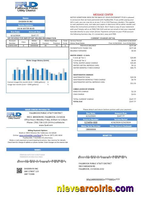 Editable USA Fallbrook Public Business Utility Bill Template In Word And PDF Formats