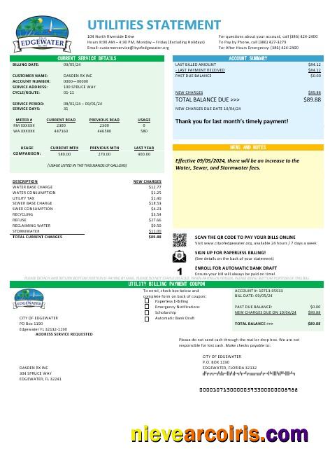 Professional USA Florida City Of Edgewater Business Utility Bill Template In Word And PDF Formats