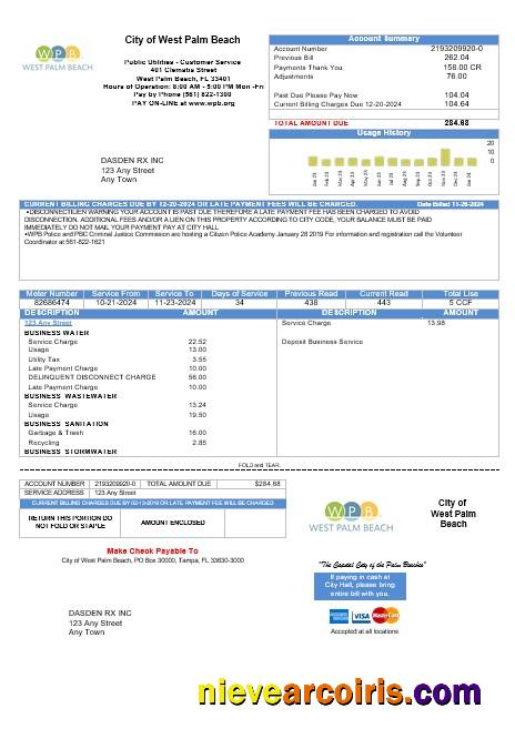 Premium USA Florida City Of West Palm Beach Business Utility Bill Template In Word And PDF Formats