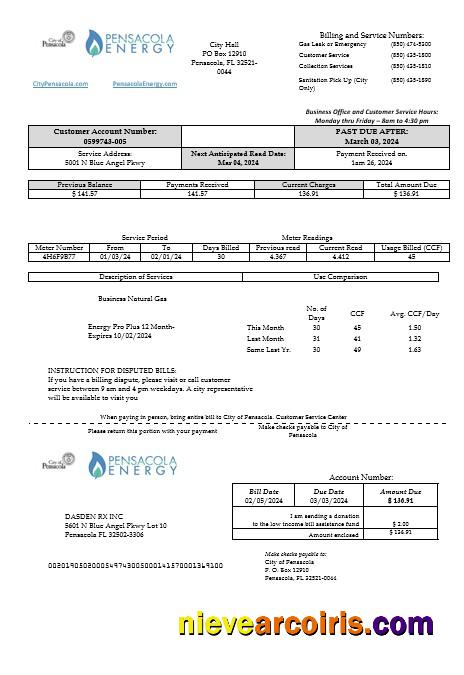 Editable USA Florida Pensacola Energy Business Utility Bill Template In Word And PDF Formats