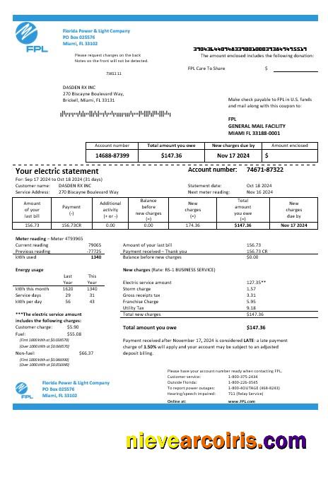 Professional USA Florida Power & Light Company (FPL) Electricity Business Utility Bill Template In Word And PDF Formats