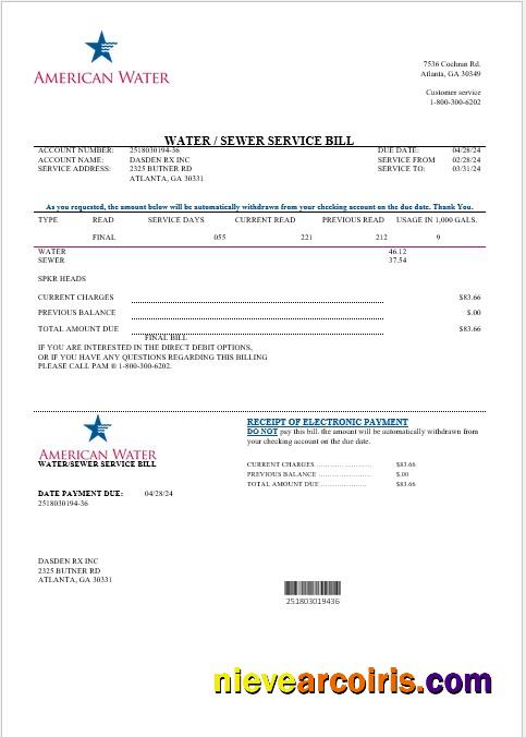 Editable USA Georgia American Water Business Utility Bill Template In Word And PDF Formats