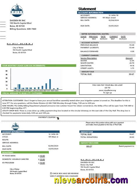 Professional USA Idaho Boise City Of Trees Water Business Utility Bill Template In Word And PDF Formats