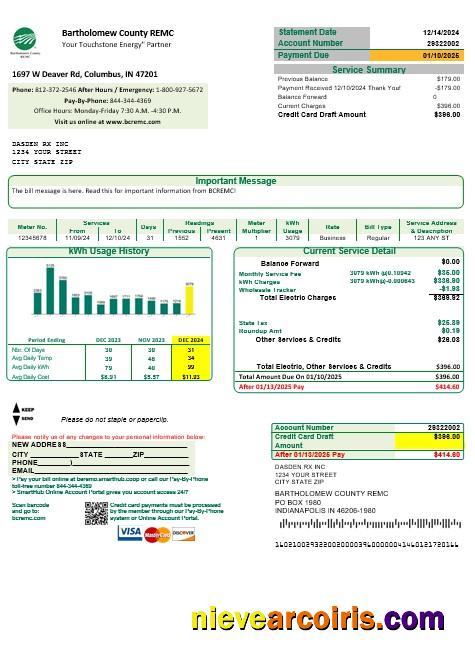 Premium USA Indiana Bartholomew County REMC Business Utility Bill Template In Word And PDF Formats