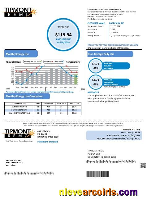 Professional USA Indiana Tipmont Business Utility Bill Template In Word And PDF Formats