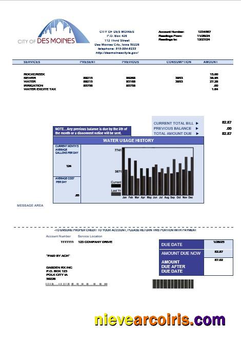 Premium USA Iowa City Of Des Moines Water Business Utility Bill Template In Word And PDF Formats