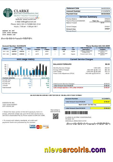 Realistic USA Iowa Clarke Electric Cooperative, Inc Business Utility Bill Template In Word And PDF Formats