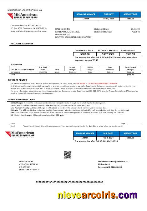 Professional USA Iowa MidAmerican Energy Services Business Utility Bill Template In Word And PDF Formats