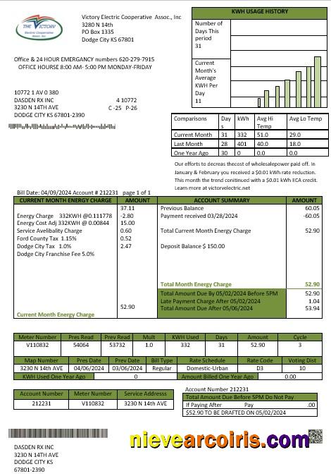 Realistic USA Kansas Victory Electric Business Utility Bill Template In Word And PDF Formats