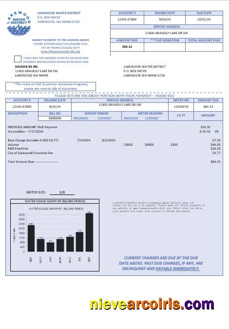 Editable USA Lakewood Water District Business Utility Bill Template In Word And PDF Formats