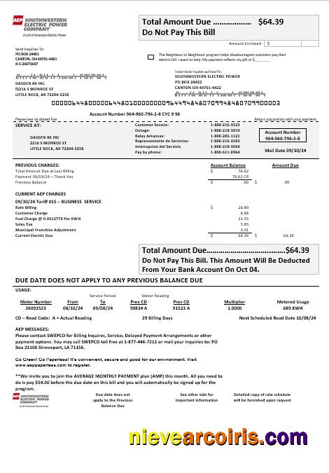 Realistic USA Louisiana AEP (Southwestern Electric Power Company) Electricity Business Utility Bill Template In Word And PDF Formats