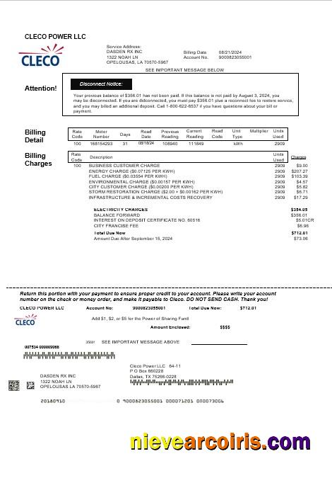 Realistic USA Louisiana Cleco Power Electricity Business Utility Bill Template In Word And PDF Formats