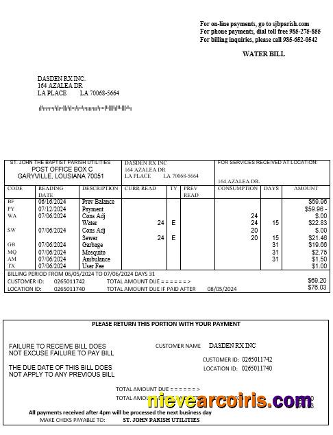 USA Louisiana St. John The Baptist Parish Water Business Utility Bill In Word And PDF Formats Preview