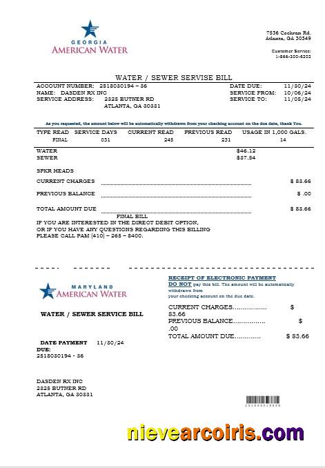Professional USA Maryland Georgia Water Business Utility Bill Template In Word And PDF Formats