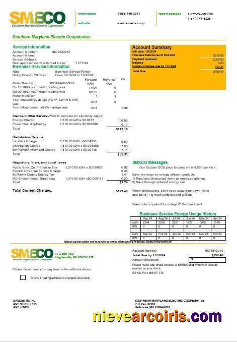 Professional USA Maryland SMECO Business Utility Bill Template In Word And PDF Formats