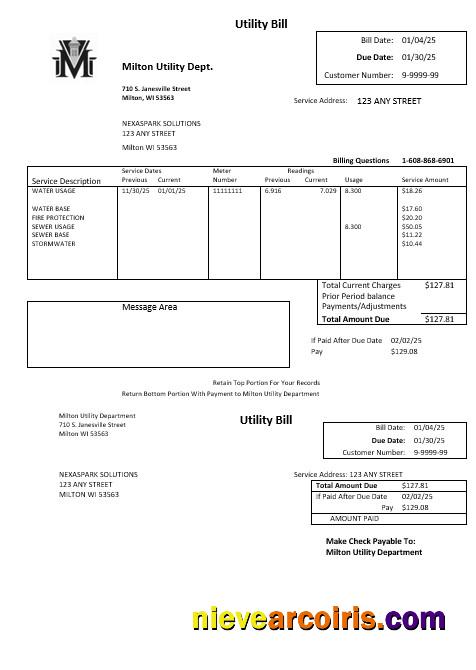 Realistic USA Massachusetts Milton Utility Dept Water Business Utility Bill Template In Word And PDF Formats
