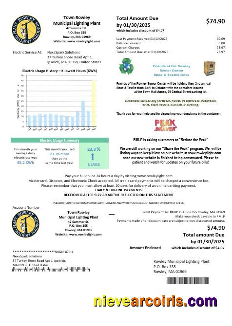 Professional USA Massachusetts Town Of Rowley Municipal Lighting Plant Electricity Business Utility Bill Template In Word And PDF Formats