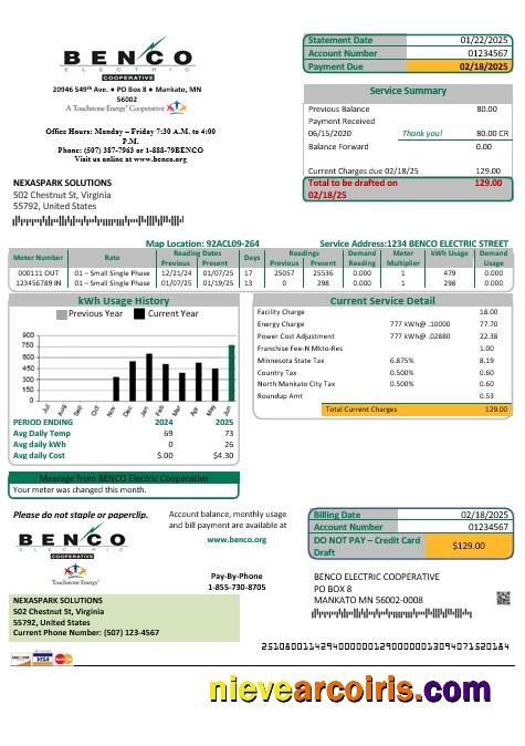 Premium USA Minnesota Benco Elecric Electricity Easy Fillable Business Utility Bill Template In Word And PDF Formats