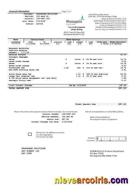 Realistic USA Minnesota Minneapolis City Of Lakes Business Utility Bill Template In Word And PDF Formats