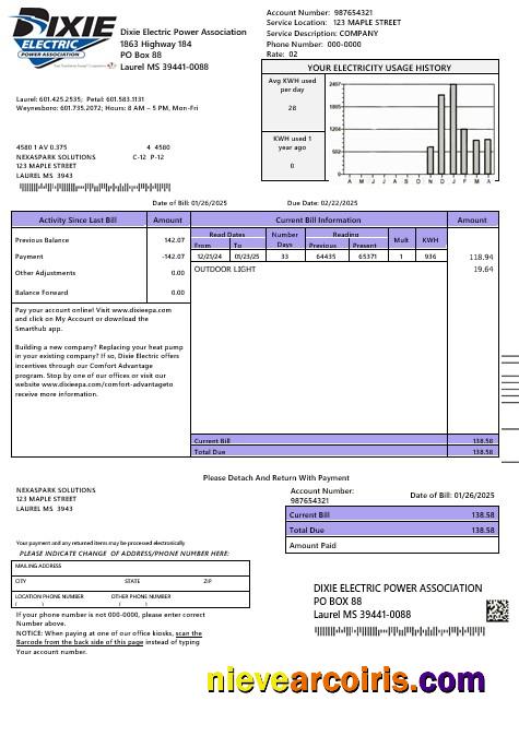 Editable USA Mississipi Dixie Electric Business Utility Bill Template In Word And PDF Formats