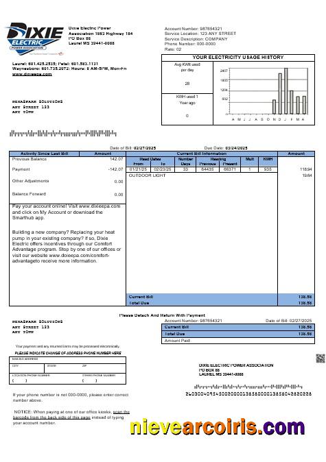 Realistic USA Mississippi Dixie Electric Business Utility Bill Template In Word And PDF Formats