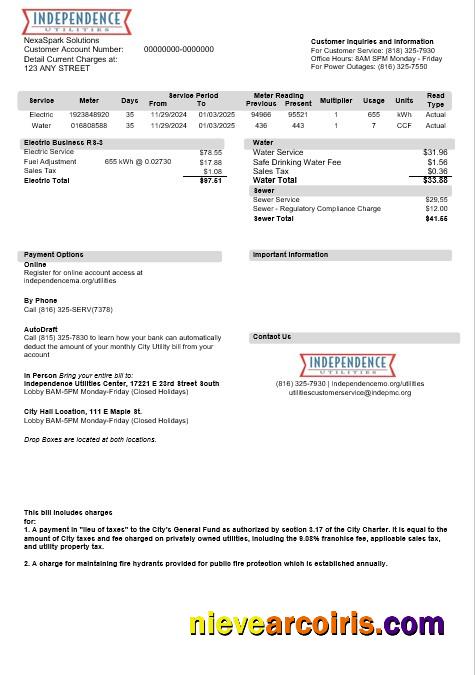Realistic USA Missouri Independence Utilities Business Utility Bill Template In Word And PDF Formats, Version 2