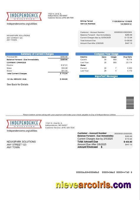 Professional USA Missouri Independence Utilities Business Utility Bill Template In Word And PDF Formats