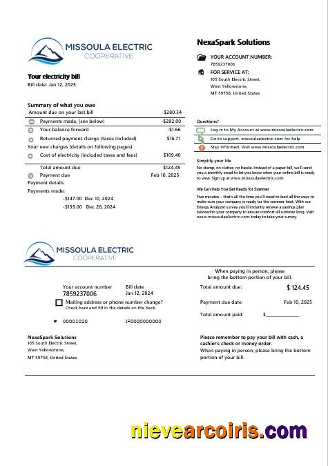 Professional USA Montana Missoula Electric Cooperative Electricity Business Utility Bill Template In Word And PDF Formats