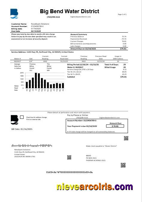 Premium USA Nevada Big Bend Water District Business Utility Bill Template In Word And PDF Formats