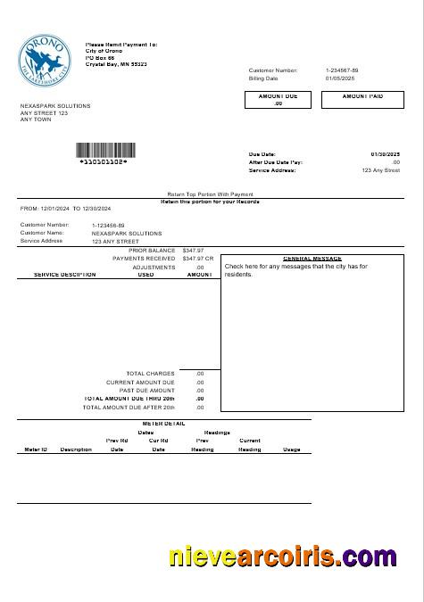 Editable USA Nevada Orono The Lakehore City Business Utility Bill Template In Word And PDF Formats