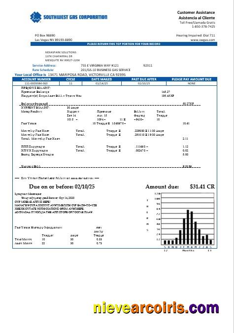 Realistic USA Nevada Southwest Gas Corporation Business Utility Bill Template In Word And PDF Formats